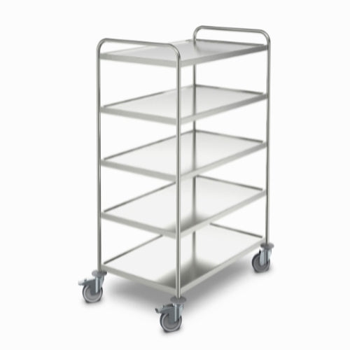 Rustfri rullevogn, rullebord, hyldevogn med 5 hylder, HT8x5/5, 500 x 800 x 1580 mm