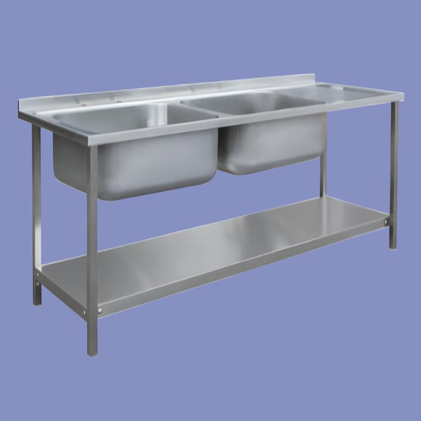 Rustfri bord med dobbelt vask og dobbelt afløbsplade, 2400x650x900, SSE