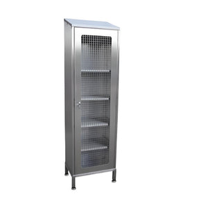 Rustfri skab med 1 låge med trådnet og 4 hylder, Model CTM 1800, 600 x 400 x 1800/1950 mm