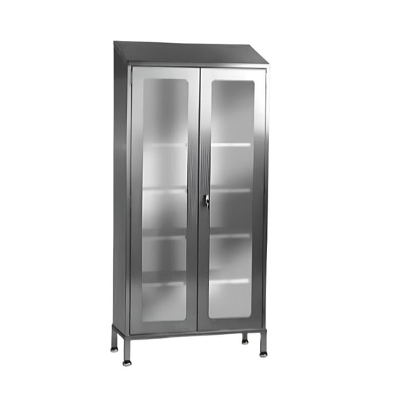 Rustfri skab med 2 glaslåger og 4 hylder,  Model CTM 1800 1000 x 400 x 1800/1950 mm